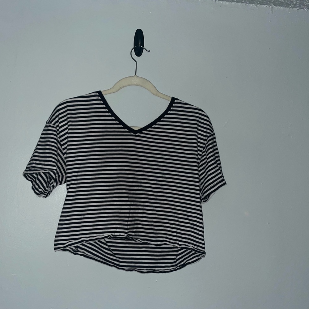 Black and Whire Striped Cropped Tee w/ Heart Detail
